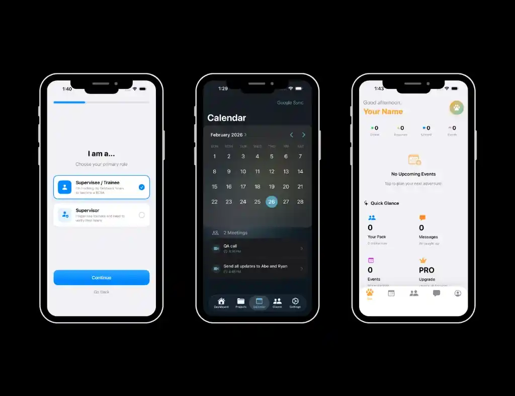 Three mobile app interfaces showing roles selection, calendar scheduling, and user dashboard