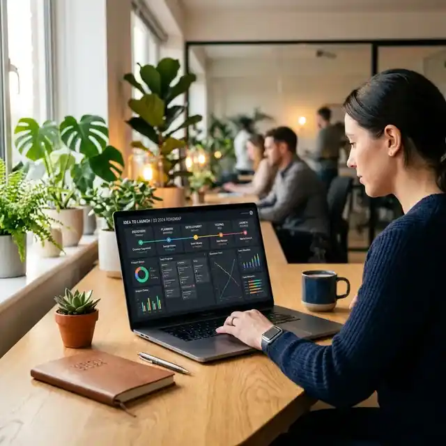 Modern high-tech roadmap and project management dashboard on a laptop