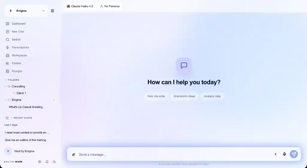 Vault by Enigma AI workspace interface showing Claude Haiku 4.5, multi-model selection, and new dashboard layout